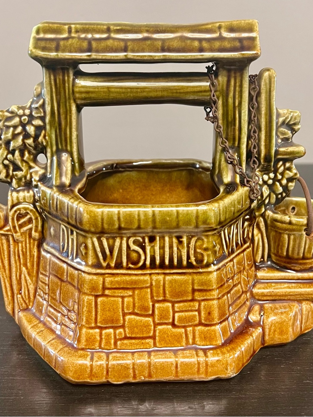 VTG 1950 McCoy Pottery Wishing Well Planter Chain Brown Green USA 6”